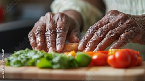 Aged black hands chopping vegetables on a cutting board displaying the dexterity and skill developed over years of preparing meals Stock Photo with copy space
