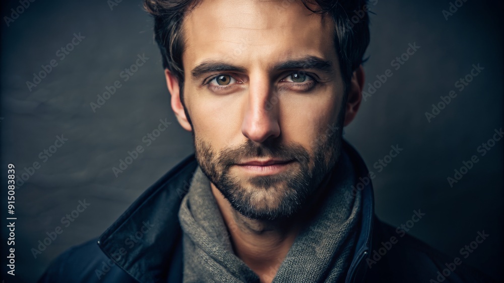 Close-up Portrait of a Man with Green Eyes, Wearing a Blue Jacket and Gray Scarf, Moody, Masculine, Intriguing Gaze, Serious Expression, Studio Shoot Close-up Portrait of a Man with Green Eyes, Wearing a Blue Jacket and Gray Scarf, Moody, Masculine, Intriguing Gaze, Serious Expression, Studio Shoot