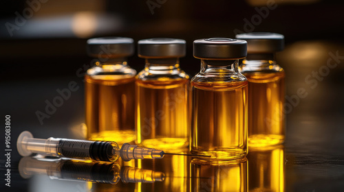 Medical Vials Filled with Testosterone, Trenbolone, Nandrolone Steroids and Syringe photo