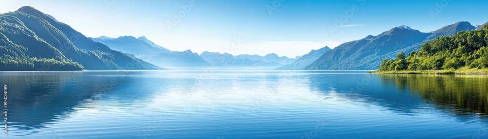 Tranquil lake reflecting mountains under a clear blue sky. Tranquil lake reflecting mountains under a clear blue sky.