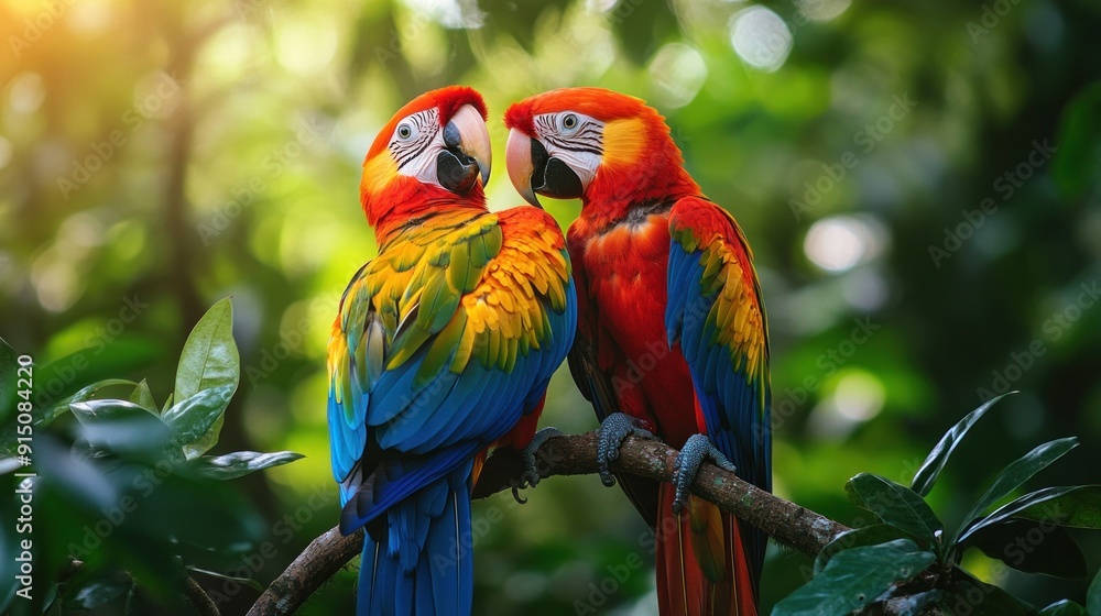 Two Colorful Macaws Perched on a Branch Two Colorful Macaws Perched on a Branch