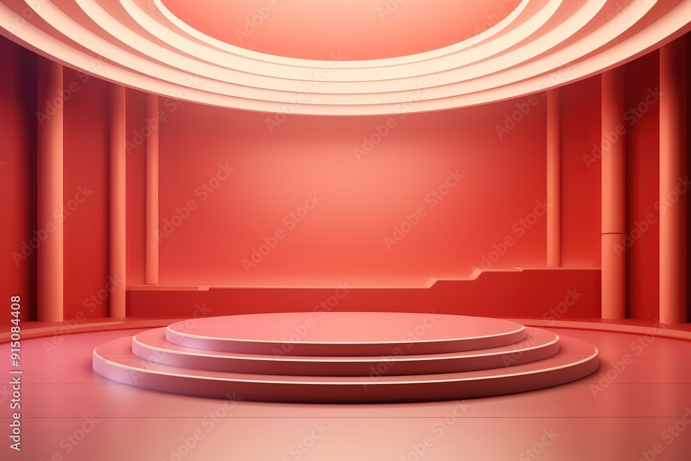 Red abstract podium with circular shapes and columns. Red abstract podium with circular shapes and columns.