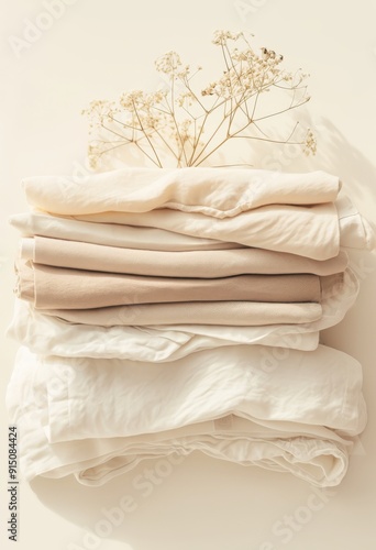 Stacked Beige and White Fabric with Dried Flowers on Top