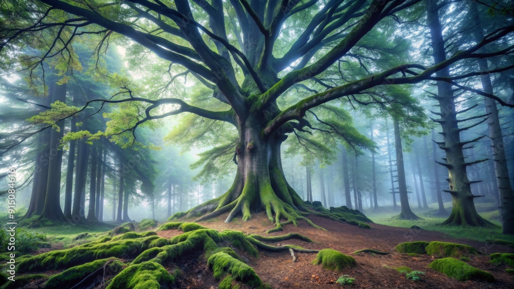Naklejka premium Enchanted Forest Low Angle Perspective, Sunlight Through Canopy, Ancient Tree Roots, Mystical Atmosphere, Nature Photography, Forest Photography, Tree Roots