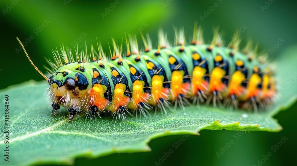 Colorful Caterpillar on a Green Leaf Colorful Caterpillar on a Green Leaf