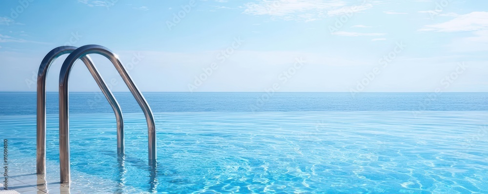 Infinity pool with ladder, clear blue water, and a beautiful sky. Infinity pool with ladder, clear blue water, and a beautiful sky.