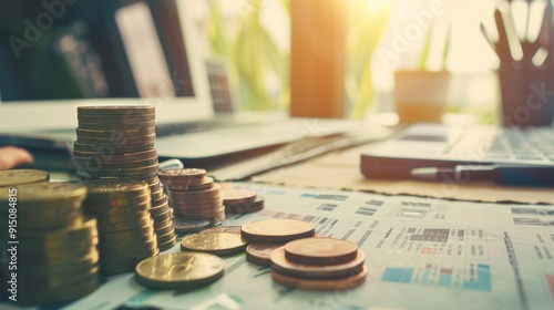 Stacks of coins and financial documents on an office desk, bathed in warm light, symbolizing savings and financial planning. photo