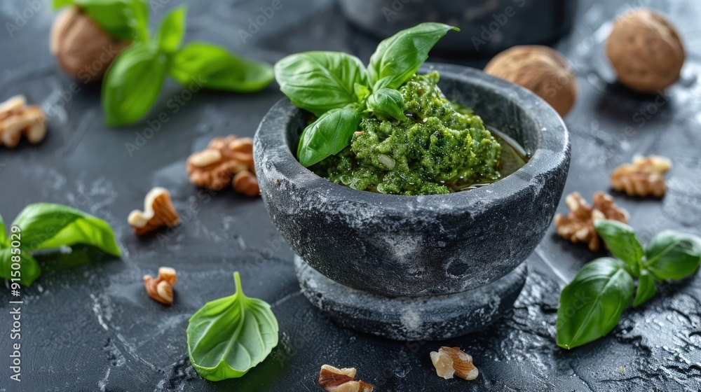 Fresh Homemade Pesto in a Stone Mortar Fresh Homemade Pesto in a Stone Mortar