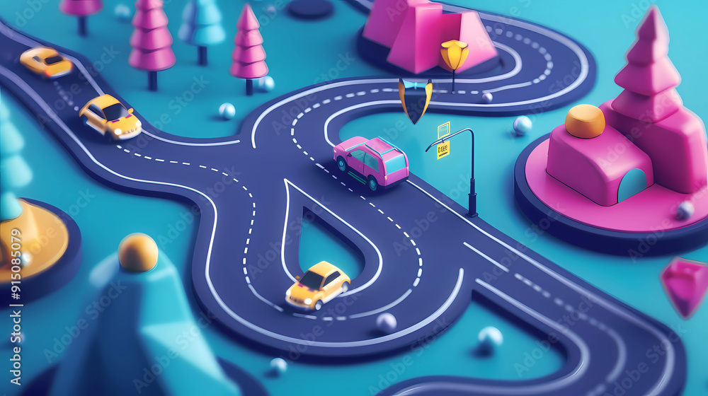 Road infographics. Winding road with 3d signs. Car the path specifies ...