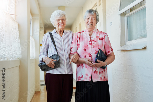 Cuadro en lienzo Nursing home, friends and portrait of senior women in hallway ready for outing, leaving and walking