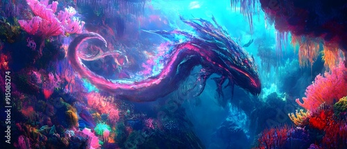 Ethereal bioluminescent sea creature with flowing tentacles set against a backdrop of neon hued coral reefs and glowing kelp forests in a digital painting style evocative of the Impressionist era photo