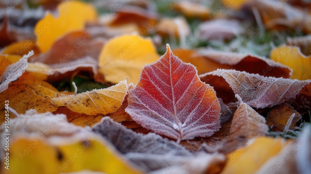 Vibrant autumn leaves transitioning to winter frost capturing nature serene change in a picturesque landscape Vibrant autumn leaves transitioning to winter frost capturing nature serene change in a picturesque landscape