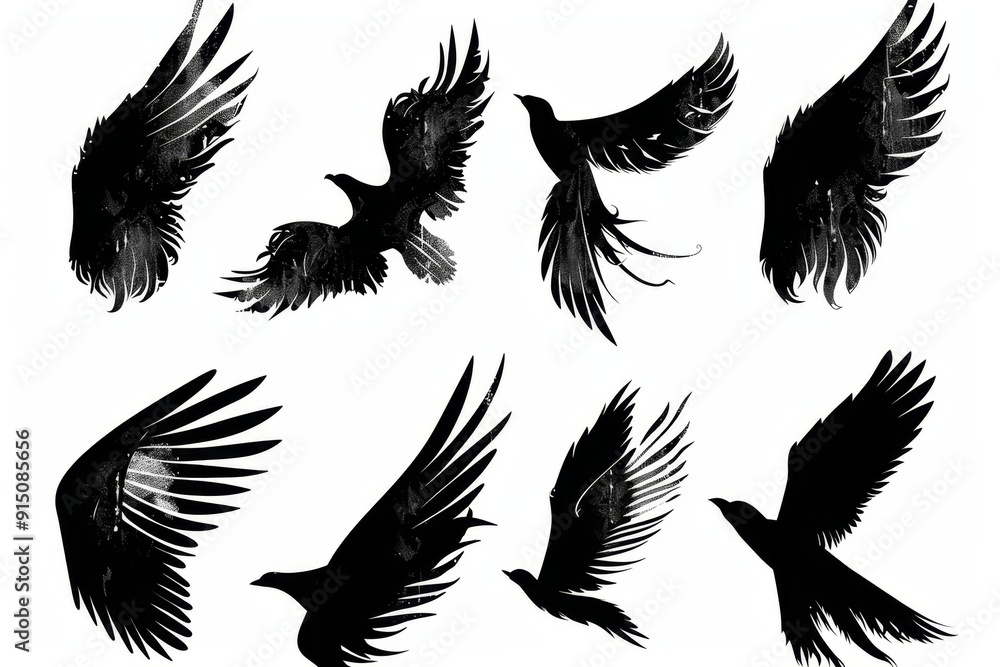 Wings flat icon, angel wings emblem, bird feathers graffiti spray silhouette, pigeon sign, spirituality symbol Wings flat icon, angel wings emblem, bird feathers graffiti spray silhouette, pigeon sign, spirituality symbol