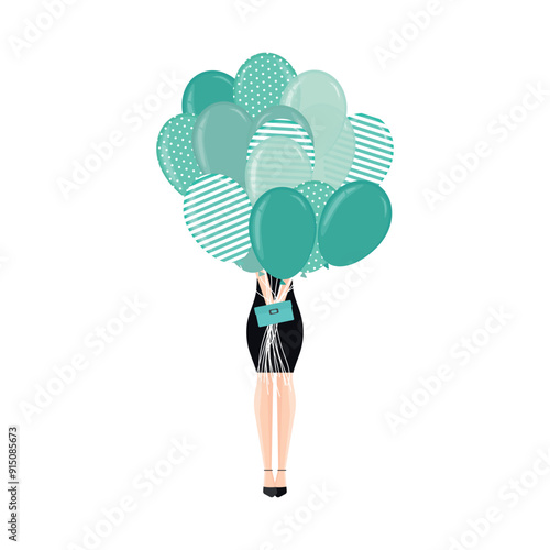 Web Girl holding balloons. Turquoise color with texture. Have a nice party.