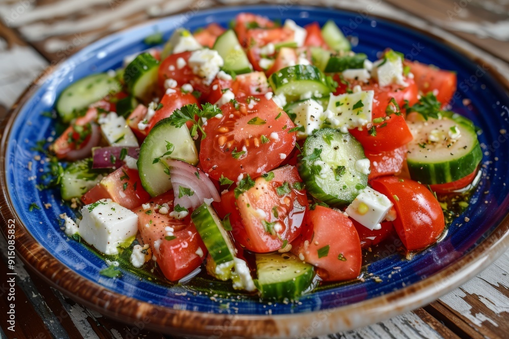 Greek Salad in Blue Plate, Villages Salad or Horiatiki with Tomatoes, Diced Cucumbers, Onion, Feta Greek Salad in Blue Plate, Villages Salad or Horiatiki with Tomatoes, Diced Cucumbers, Onion, Feta
