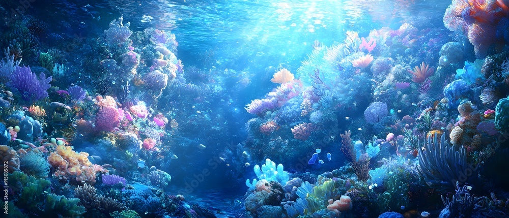Obraz premium Enchanting underwater coral reef garden teeming with schools of iridescent fish bioluminescent plankton and dreamlike aquamarine crystal formations