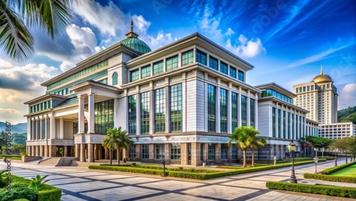 Wallpaper Mural Modern Architecture with Palm Trees and Blue Sky - Composition Wide shot - Image Details Architectural building with a golden dome, palm trees, blue sky with clouds - Concept Luxury, modern Torontodigital.ca