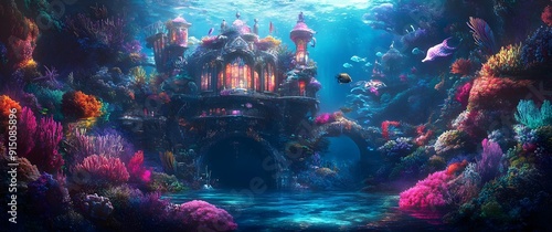 Whimsical seapunk underwater realm featuring iridescent marine wildlife fantastical coral inspired architecture and highly saturated fluid and ethereal digital painting  A subaquatic utopia of color