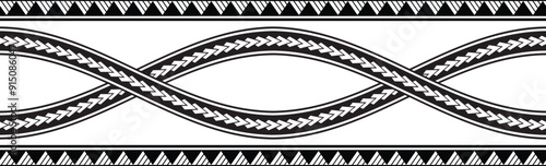 Polynesian tattoo design tribal border.Tribal design ethnic ornament maori band.Samoan Tattoo ribbon sleeve bracelet. Fabric seamless isolated hawaiian armband pattern on white background.