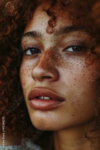 Close-up photo of a woman's face with distinct freckles, suitable for beauty or personal use