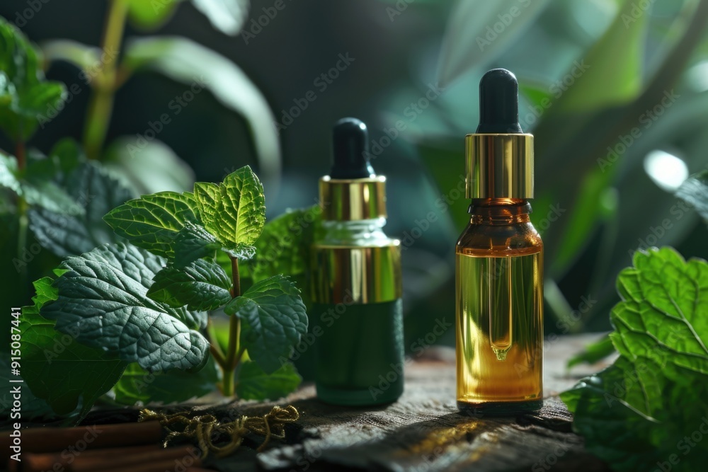 A bottle of essential oil sits next to a bunch of fresh green leaves A bottle of essential oil sits next to a bunch of fresh green leaves