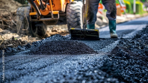 Workers are installing new asphalt pavement on a residential road.