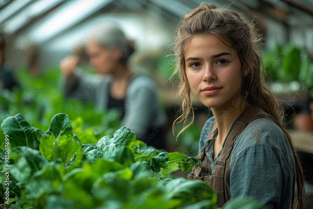 A group of people and children work together in a greenhouse, growing and harvesting vegetables, AI generated A group of people and children work together in a greenhouse, growing and harvesting vegetables, AI generated