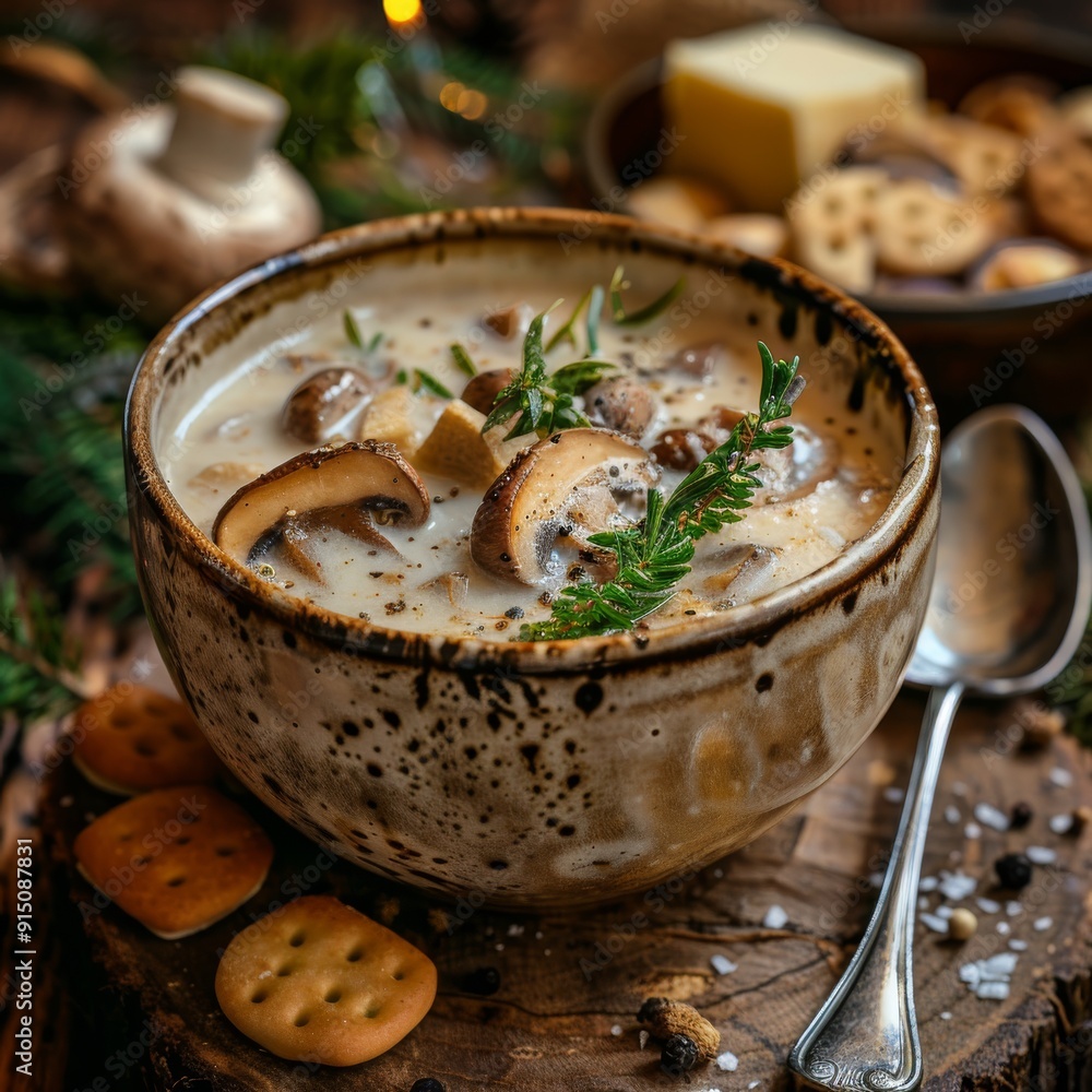 Mushrooms Cream Soup in Ceramic Pot, Homemade Creamy Soup Made of Champignons, Boletus Mushrooms Cream Soup in Ceramic Pot, Homemade Creamy Soup Made of Champignons, Boletus
