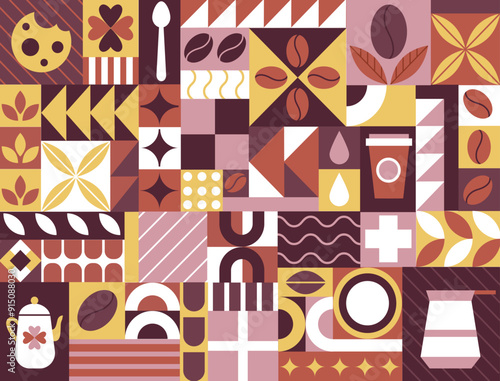 Coffee geometric. Pattern cafe. Cacao bean Bauhaus style. Turkish mug. Mosaic wallpaper restaurant menu cover decorative backdrop. Banner or poster. Abstract food illustration. Vector tidy background