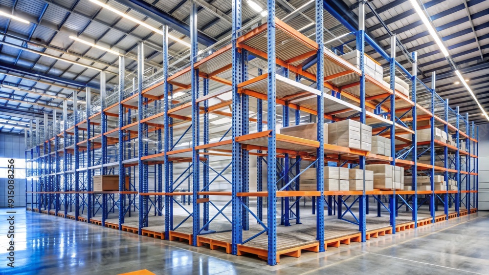 Warehouse Storage Racks Blue and Orange Steel Structure with Wooden Platforms, Empty Shelves in a Modern Distribution Center, Logistics and Inventory Management, Industrial Interior Design Warehouse Storage Racks Blue and Orange Steel Structure with Wooden Platforms, Empty Shelves in a Modern Distribution Center, Logistics and Inventory Management, Industrial Interior Design