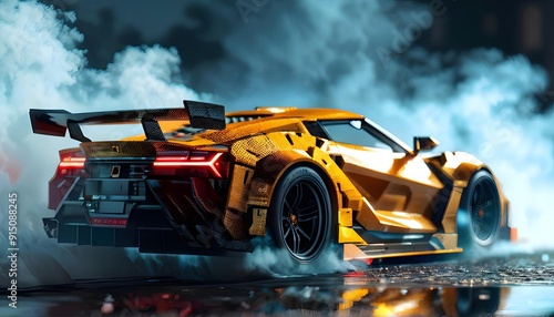 High-performance orange sports car drifting through smoke, promoting luxury automotive technology. Generative AI