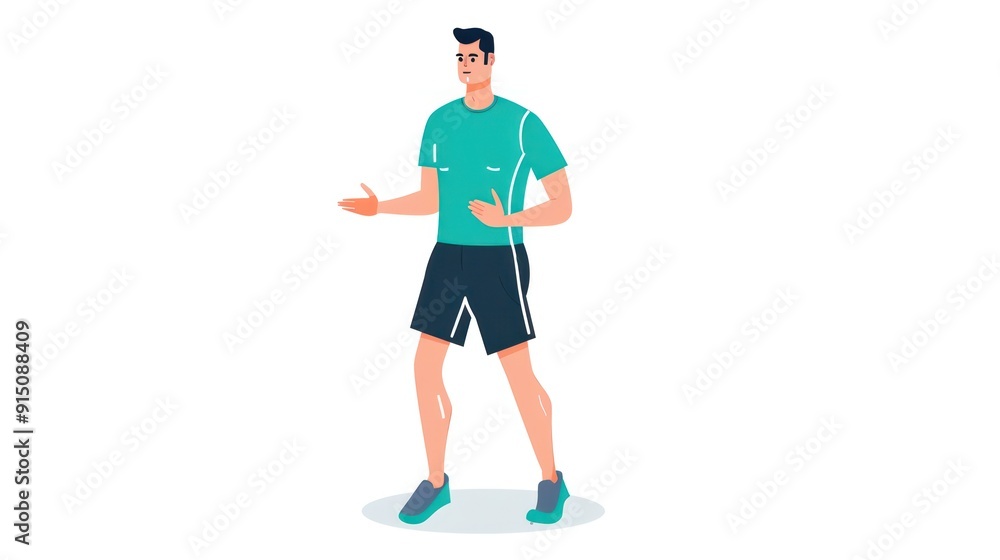 A man in a green shirt and black shorts is standing in a white background A man in a green shirt and black shorts is standing in a white background