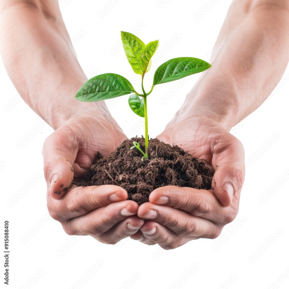 Hands holding young green plant isolated, young sprout in earth pile closeup, ecology, environmental protection