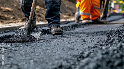 Workers are installing new asphalt pavement on a residential road.