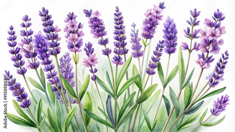 Fototapeta premium Watercolor Lavender Bouquet - Botanical Illustration with Purple Flowers and Green Leaves, Floral Art, Botanical Print, Lavender Painting, Nature Illustration, Floral Design, Spring Flowers