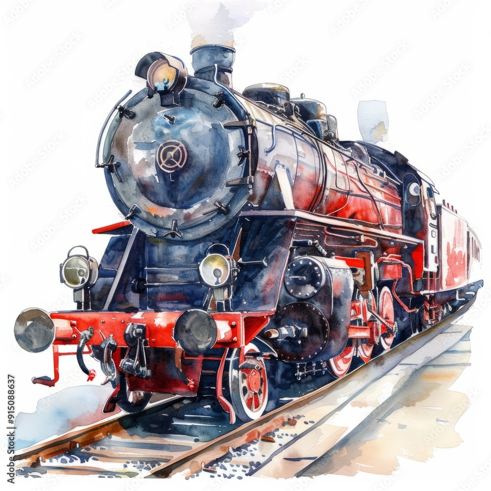 Fototapeta premium Watercolor painting of an old-fashioned locomotive, on isolated white background