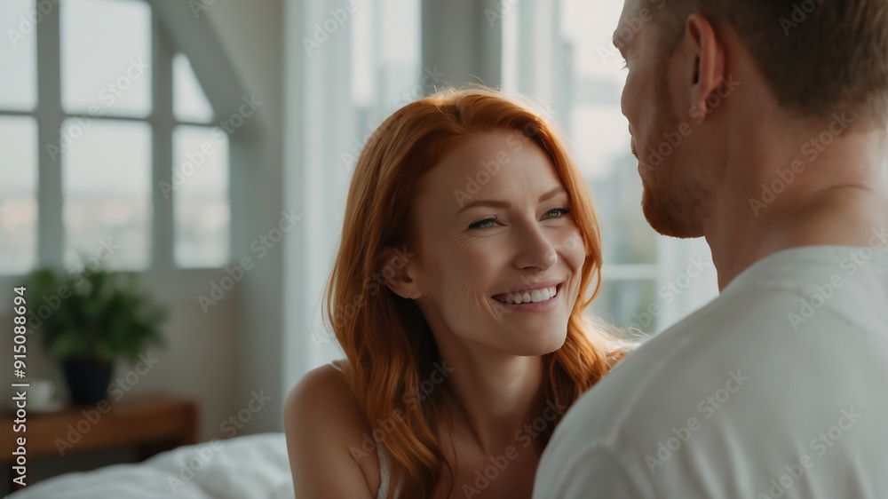 Happy Redheaded Woman Smiling at Partner in a Bright and Cozy Home Interior for a Warm and Loving Atmosphere Happy Redheaded Woman Smiling at Partner in a Bright and Cozy Home Interior for a Warm and Loving Atmosphere