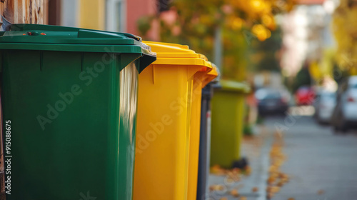 Yellow and Green House Trash Bins Close-Up with Soft Focus Background