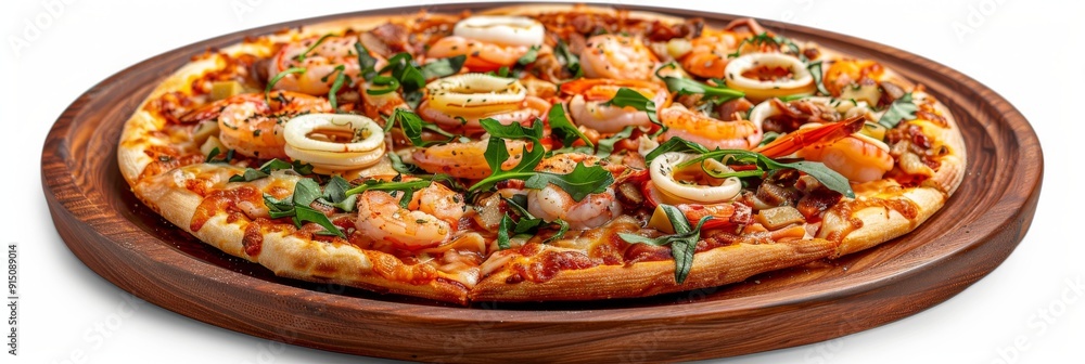 Hot Seafood Pizza, Fried Yeasted Flatbread with Squid Rings and Red Fish, Salmon or Trout Fillets Hot Seafood Pizza, Fried Yeasted Flatbread with Squid Rings and Red Fish, Salmon or Trout Fillets