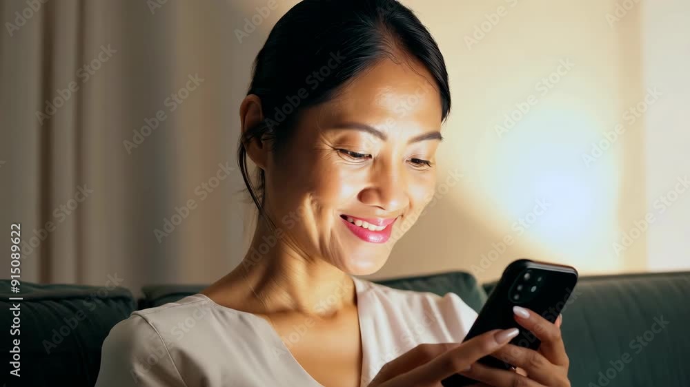 Relaxed Evening: Woman Sitting on Sofa Using Smartphone in Cozy Living Room Relaxed Evening: Woman Sitting on Sofa Using Smartphone in Cozy Living Room