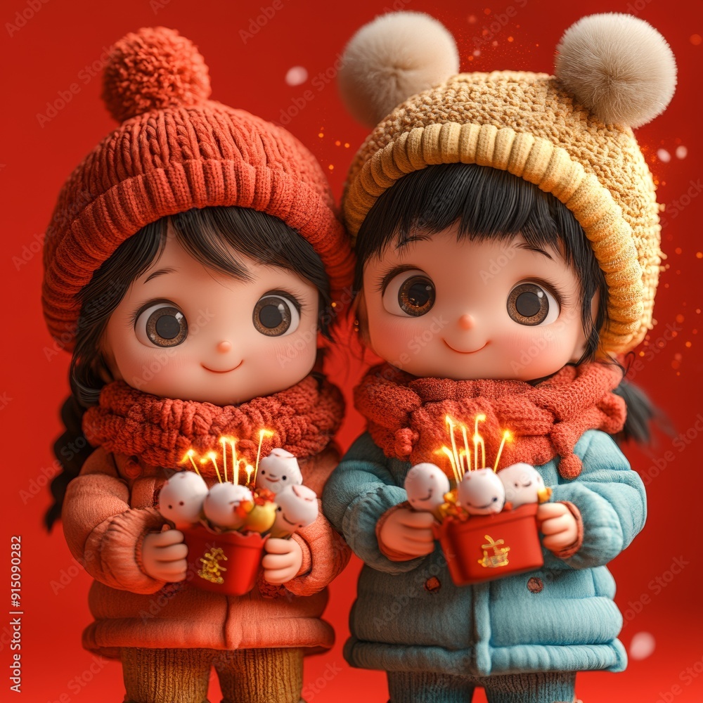 Little Boy and Girl Lighting Firecrackers on Lunar New Year's Day Little Boy and Girl Lighting Firecrackers on Lunar New Year's Day