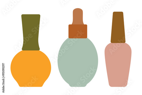 Bottle set, bottles for gel polish, cuticle oil, perfume. Isolated flat vector illustration for your design