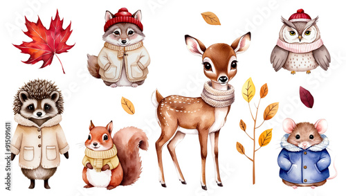 Deer, squirrel, owl, wolf, mouse, hedgehog. Set of watercolor woodland animals in clothes. Autumnal leaves.