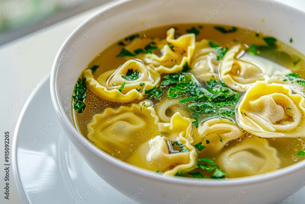 Chicken Bouillon with Tortellini Pasta in White Bowl, Noodle Ravioli Soup, Clear Sturdy Seasoned Broth Chicken Bouillon with Tortellini Pasta in White Bowl, Noodle Ravioli Soup, Clear Sturdy Seasoned Broth