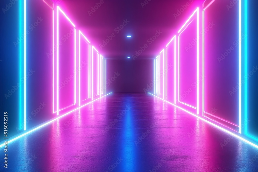 Light reflection on a reflective surface. Dark abstract background. Background of empty show scene. Glow of neon lights on an empty concert venue. Light reflection on a reflective surface. Dark abstract background. Background of empty show scene. Glow of neon lights on an empty concert venue.