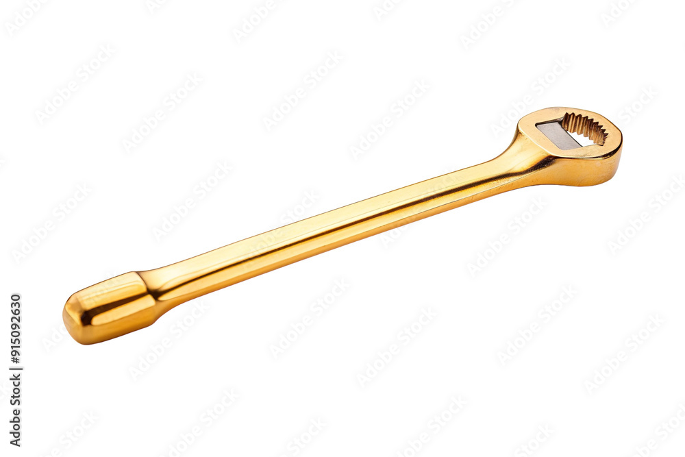 Golden Wrench Gleaming Under Bright Workshop Lights While a Mechanic Prepares for Repairs on Transparent PNG Background. Golden Wrench Gleaming Under Bright Workshop Lights While a Mechanic Prepares for Repairs on Transparent PNG Background.