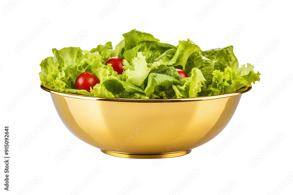 Freshly Harvested Lettuce and Cherry Tomatoes in a Golden Bowl Displayed on a White Background on Transparent PNG Background. Freshly Harvested Lettuce and Cherry Tomatoes in a Golden Bowl Displayed on a White Background on Transparent PNG Background.