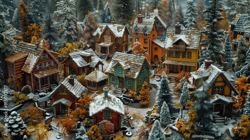 Rustic village nestled in a forest clearing with cabins painted in earthy tones of ochre, burnt sienna, and moss green, accented by snowy accents 