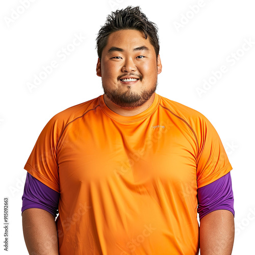 Front view mid body shot of an extremely fat 25-year-old Asian man in a bright orange sports jersey and vibrant purple athletic pants, smiling at the camera, isolated on a white transparent background