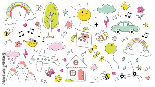 Wallpaper Mural Kids pattern. Children cute background. Happy baby icons. Childish sketch. Cartoon drawing. School fun. Fly kite. Car and house. Sky rainbow. Tree and flower. Summer nature. Vector design wallpaper Torontodigital.ca
